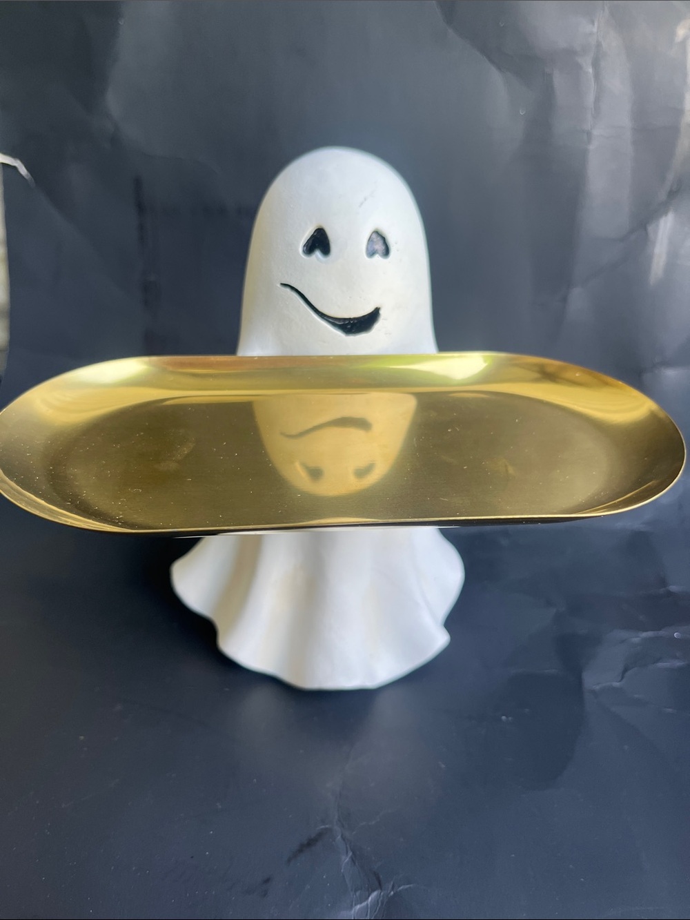 White Ghost Ceramic Vanity Tray with Gold Metal Dish